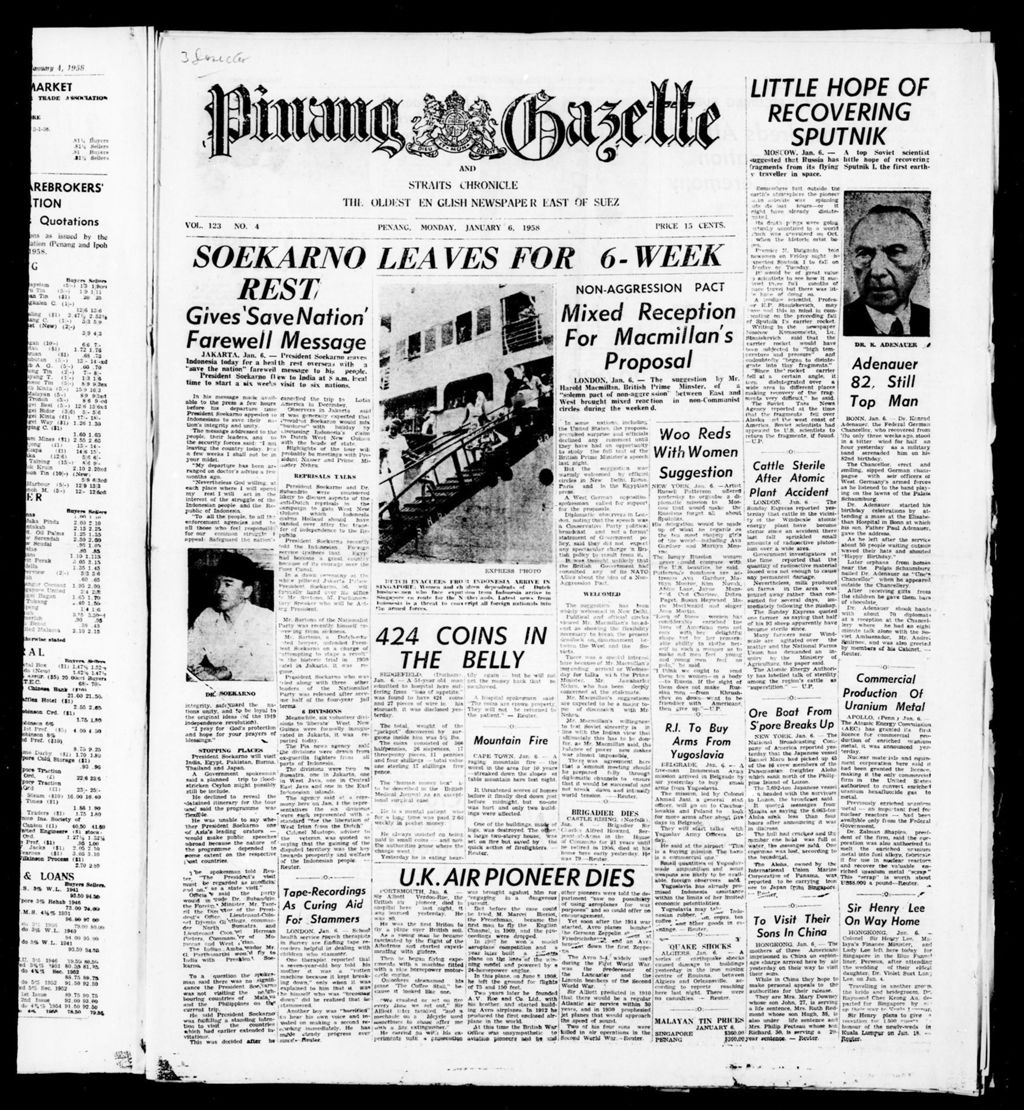 Miniature of Pinang Gazette and Straits Chronicle 06 January 1958