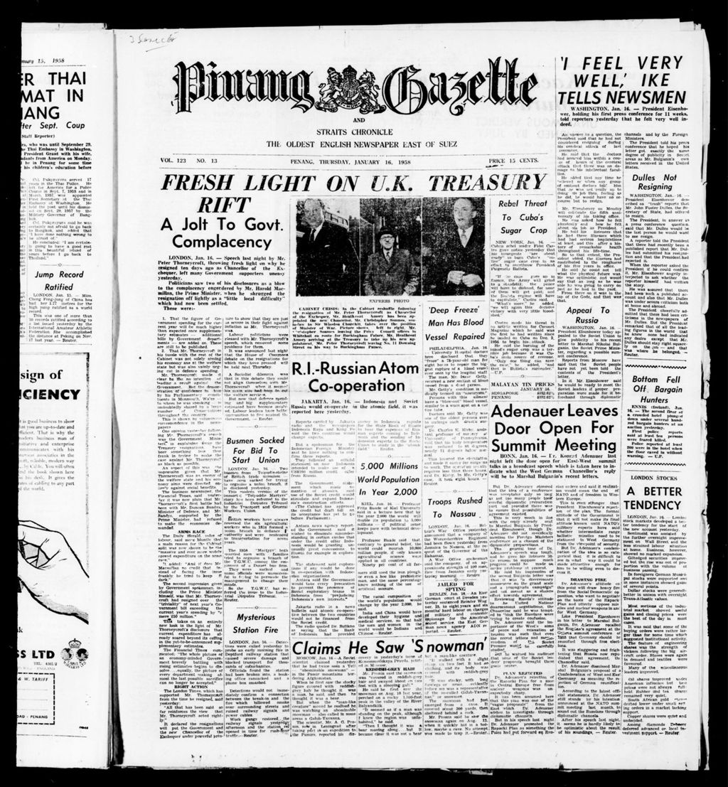 Miniature of Pinang Gazette and Straits Chronicle 16 January 1958