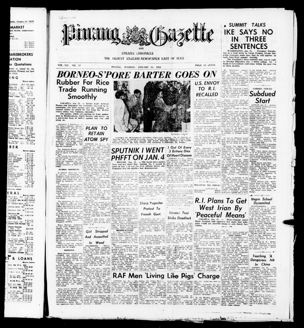 Miniature of Pinang Gazette and Straits Chronicle 21 January 1958