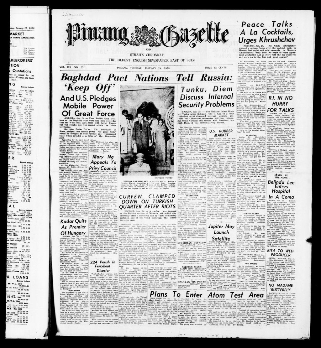 Miniature of Pinang Gazette and Straits Chronicle 28 January 1958