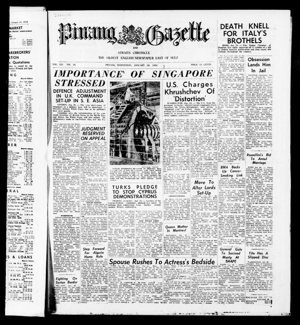 Miniature of Pinang Gazette and Straits Chronicle 29 January 1958