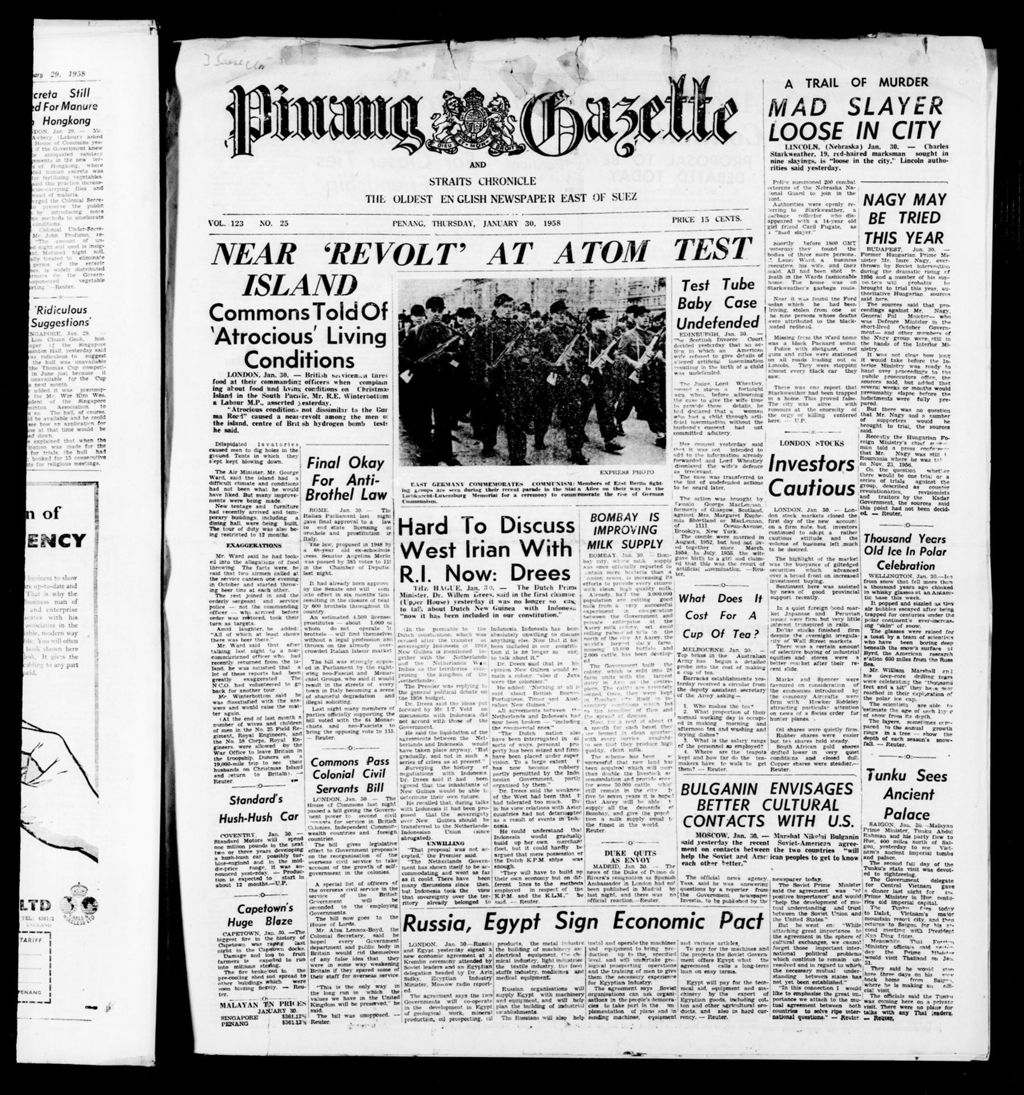 Miniature of Pinang Gazette and Straits Chronicle 30 January 1958