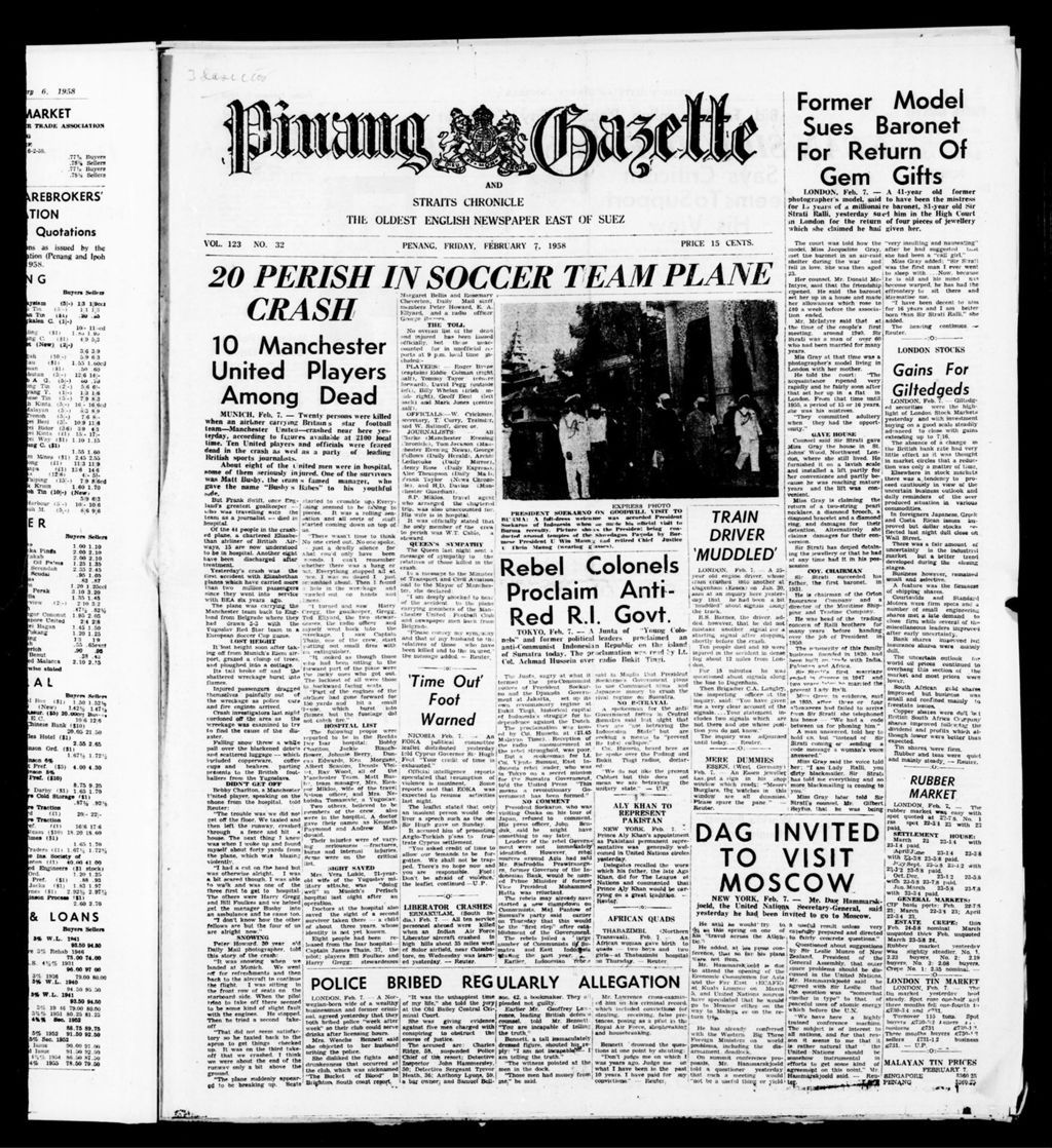 Miniature of Pinang Gazette and Straits Chronicle 07 February 1958