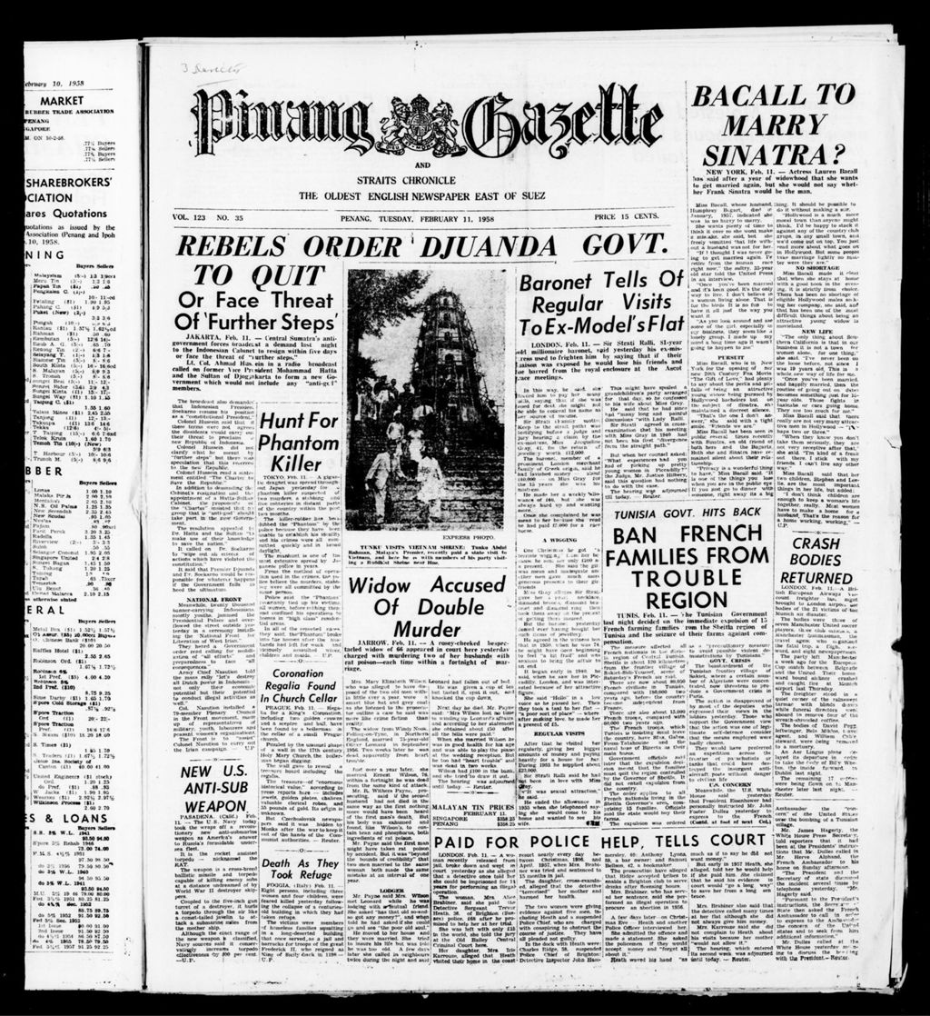 Miniature of Pinang Gazette and Straits Chronicle 11 February 1958