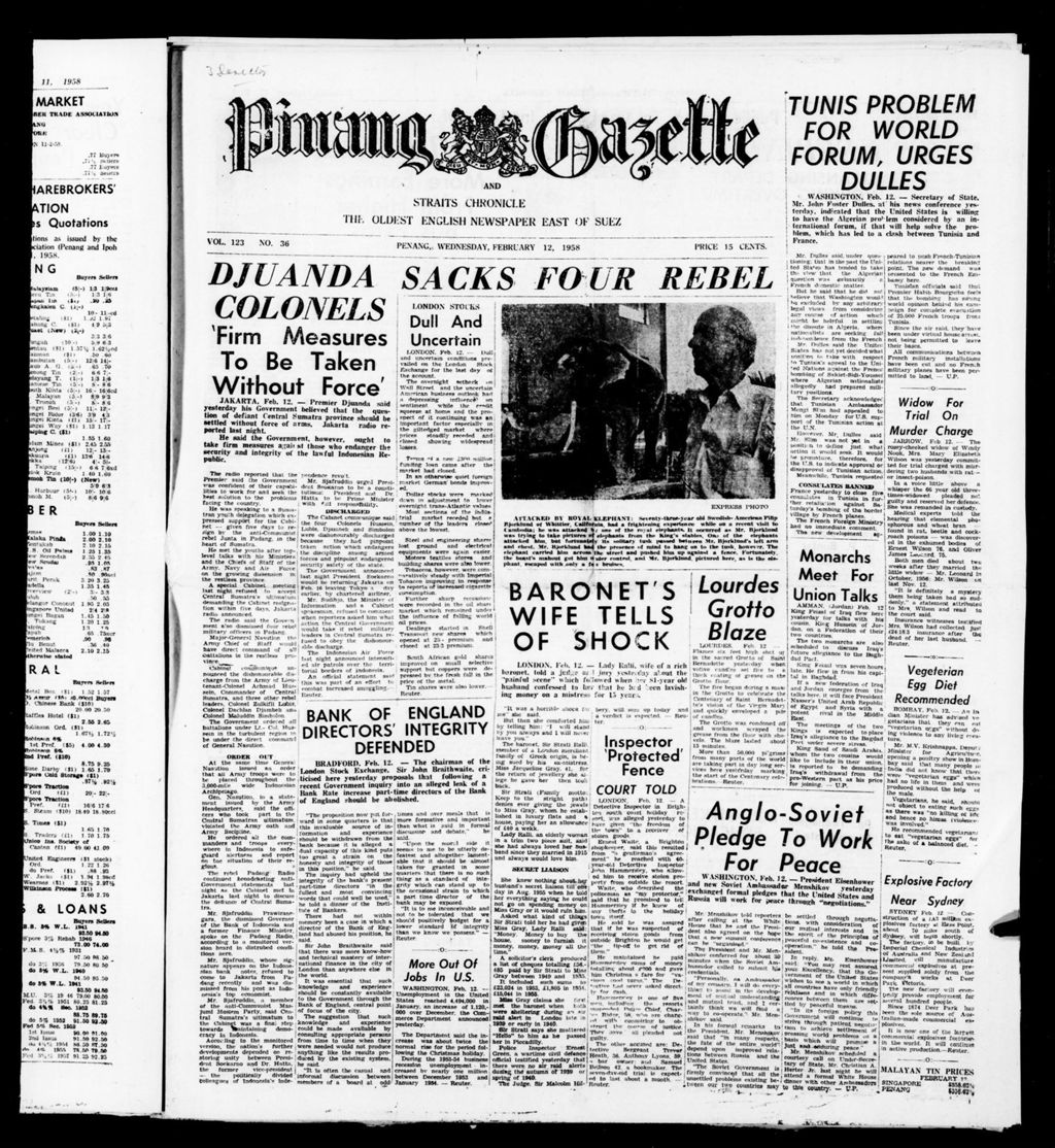 Miniature of Pinang Gazette and Straits Chronicle 12 February 1958