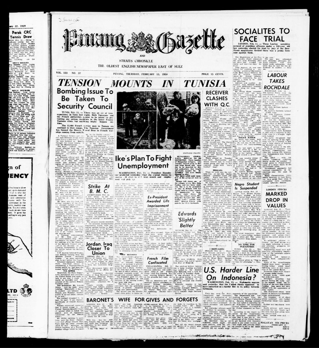 Miniature of Pinang Gazette and Straits Chronicle 13 February 1958