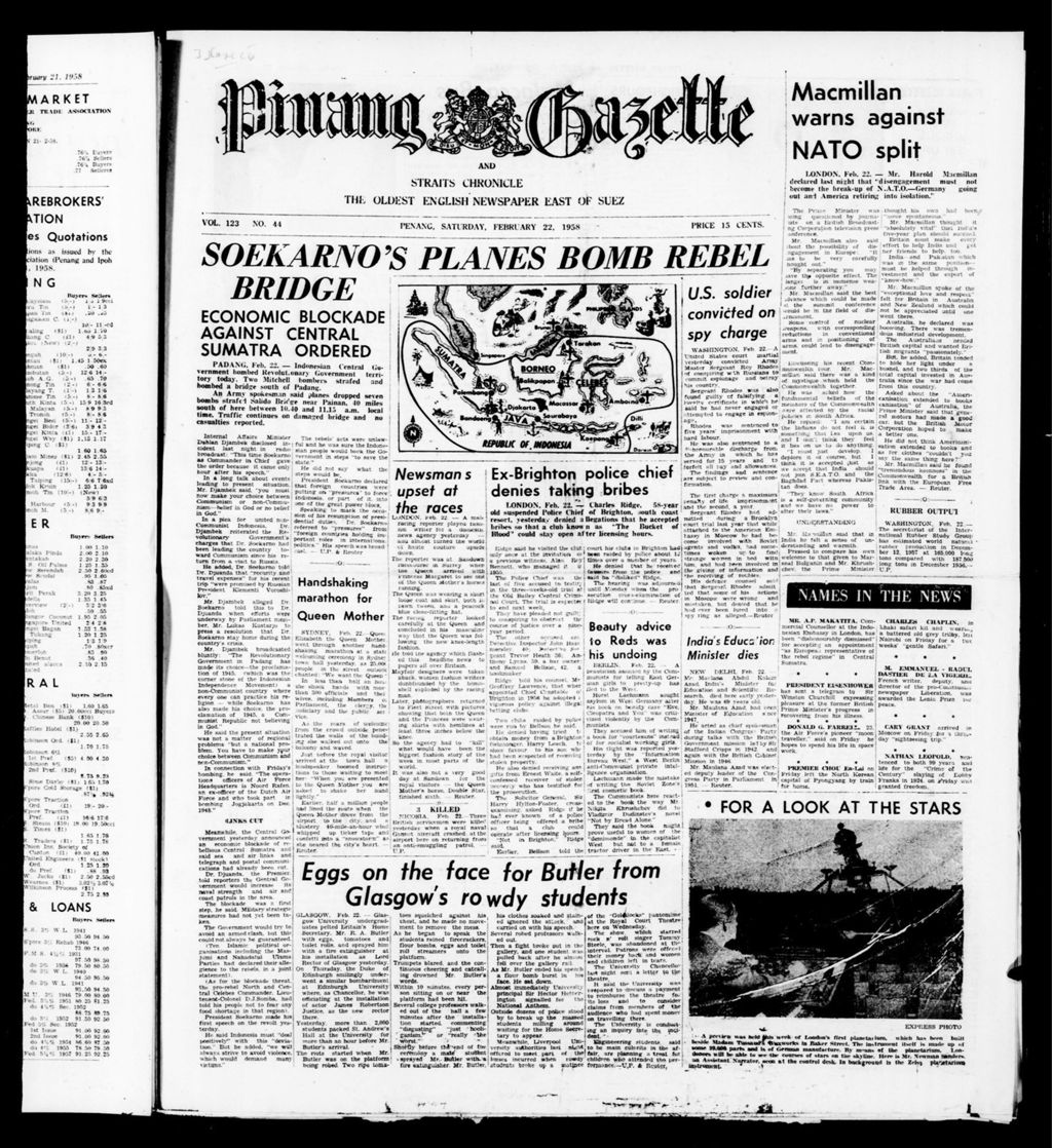 Miniature of Pinang Gazette and Straits Chronicle 22 February 1958