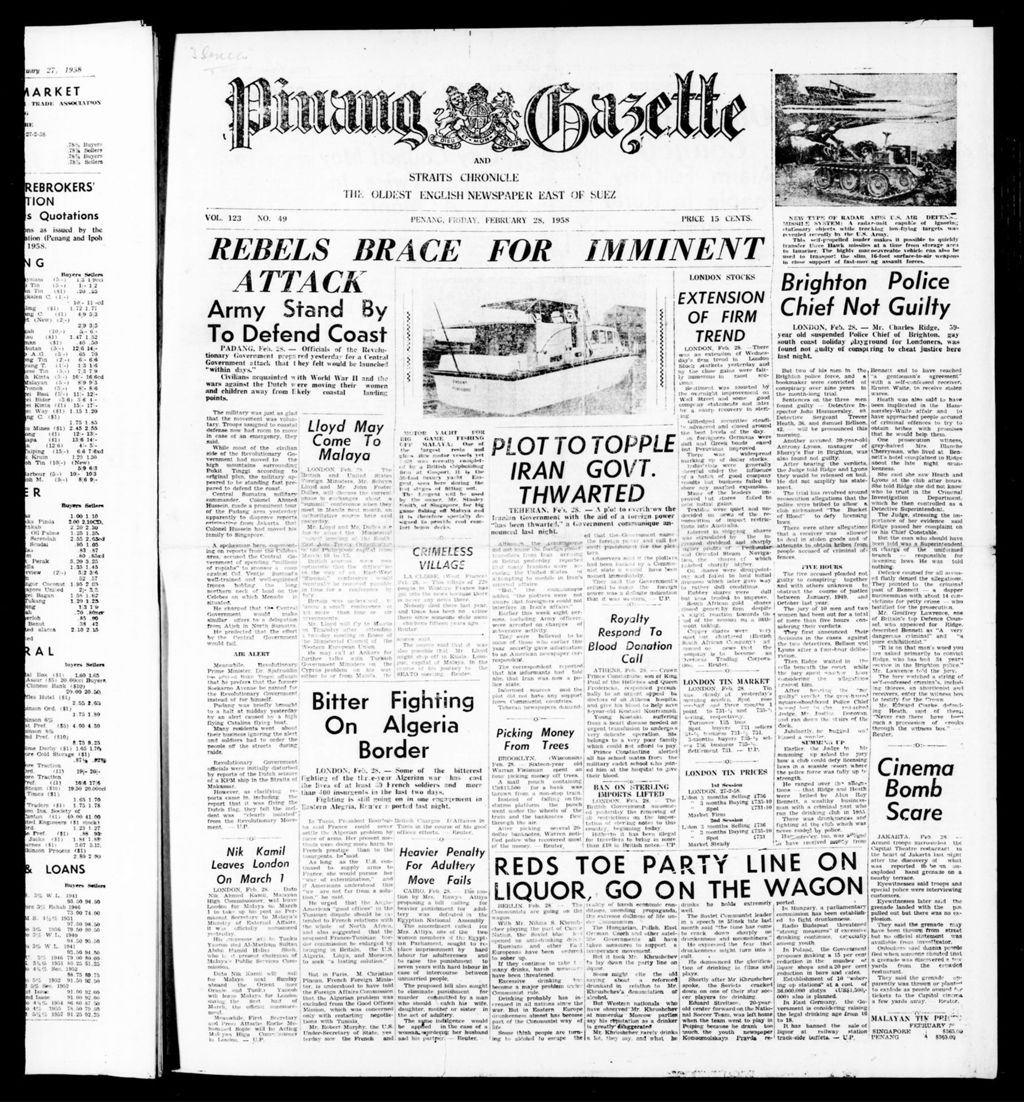 Miniature of Pinang Gazette and Straits Chronicle 28 February 1958