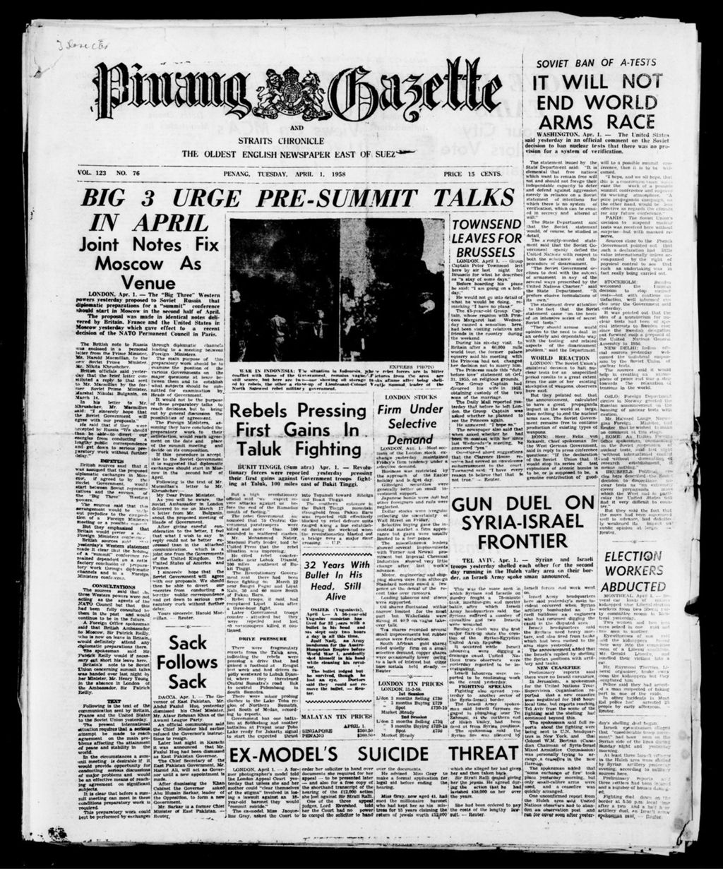 Miniature of Pinang Gazette and Straits Chronicle 01 April 1958