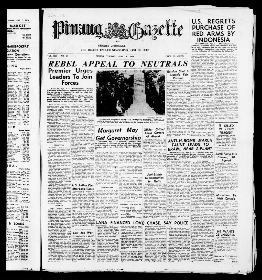 Miniature of Pinang Gazette and Straits Chronicle 08 April 1958