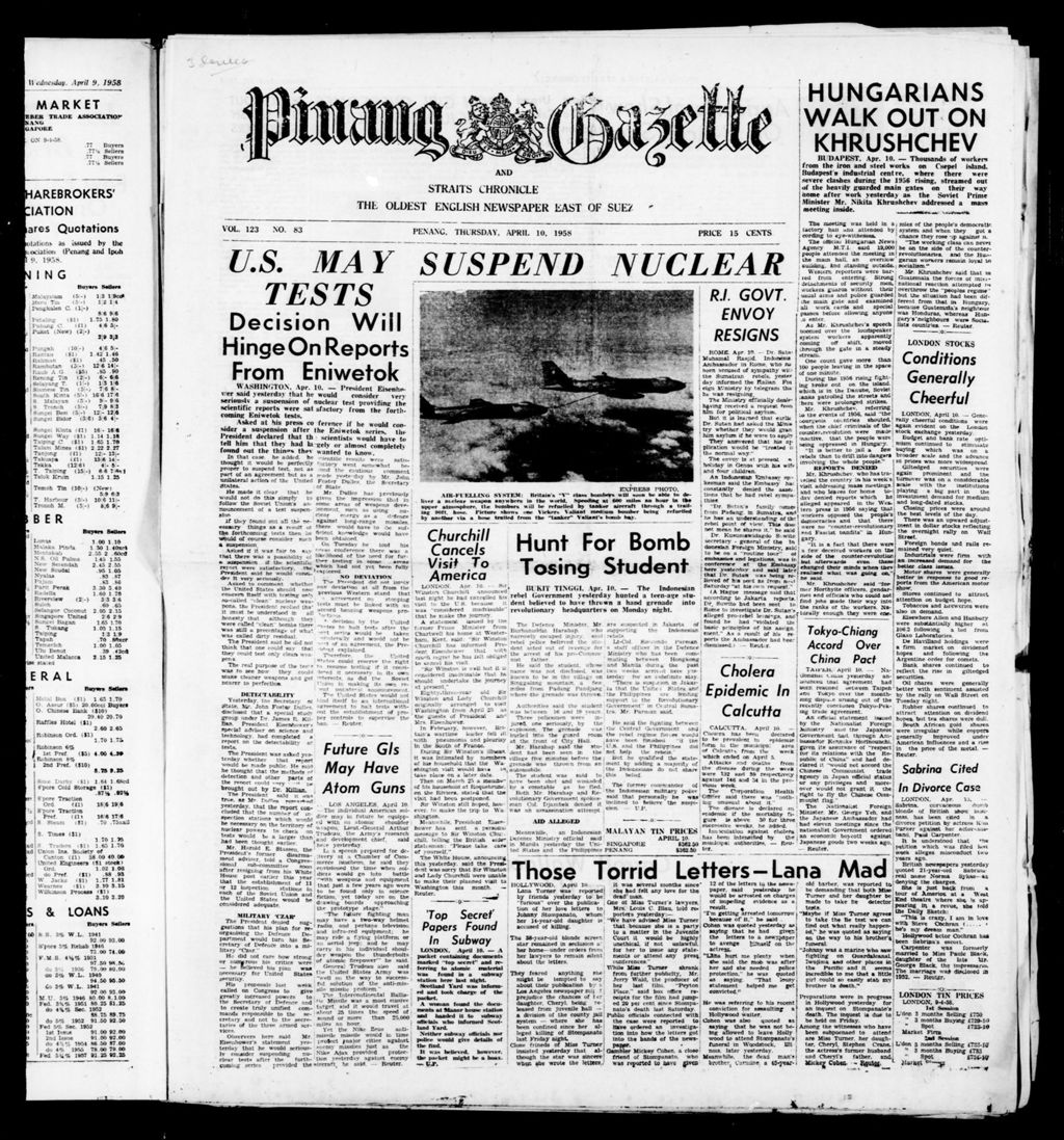 Miniature of Pinang Gazette and Straits Chronicle 10 April 1958