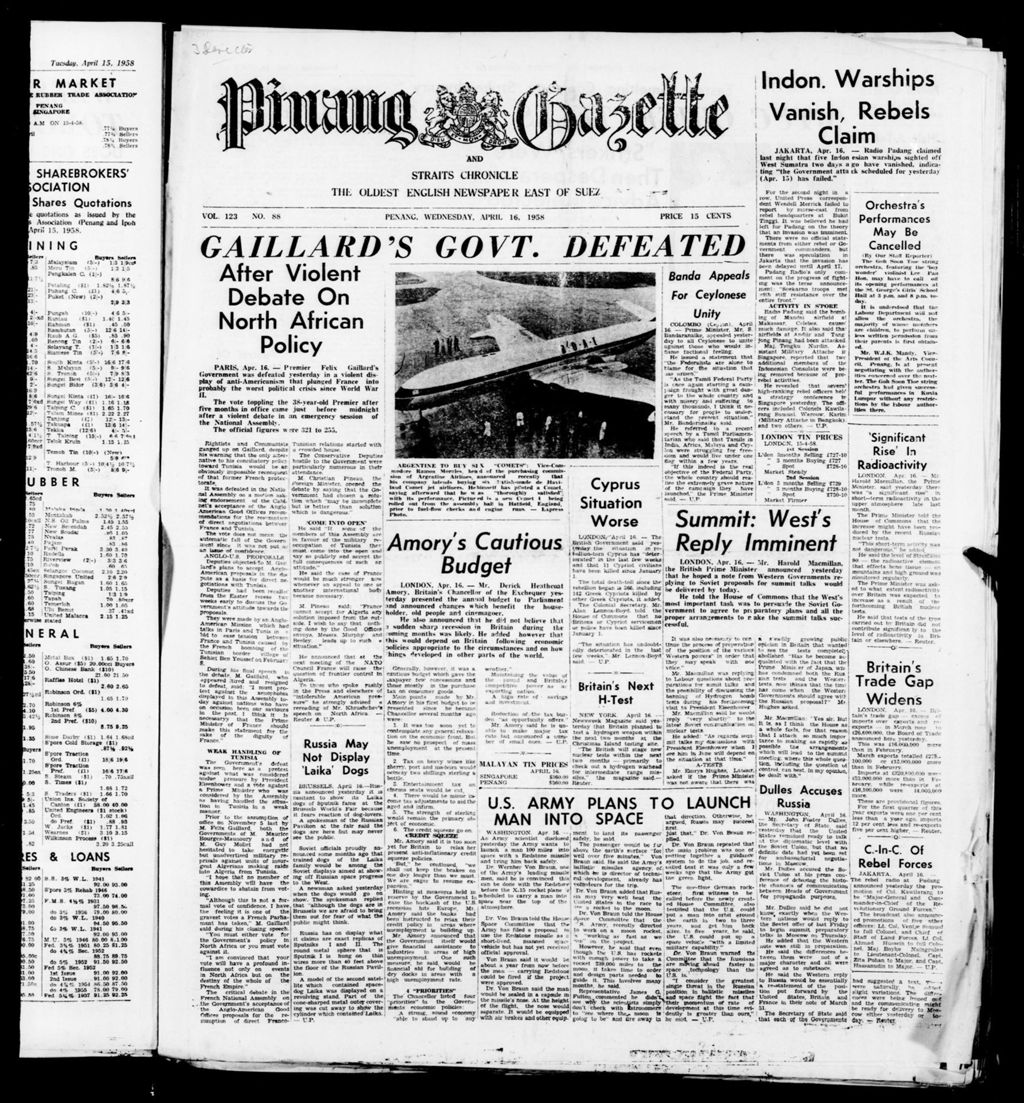 Miniature of Pinang Gazette and Straits Chronicle 16 April 1958