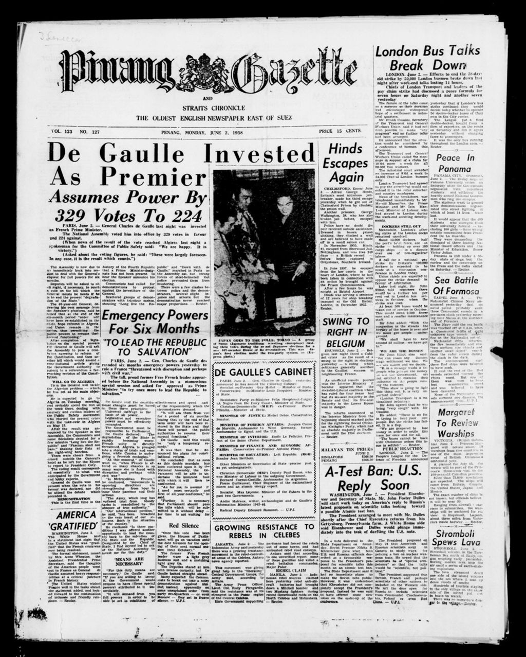 Miniature of Pinang Gazette and Straits Chronicle 02 June 1958