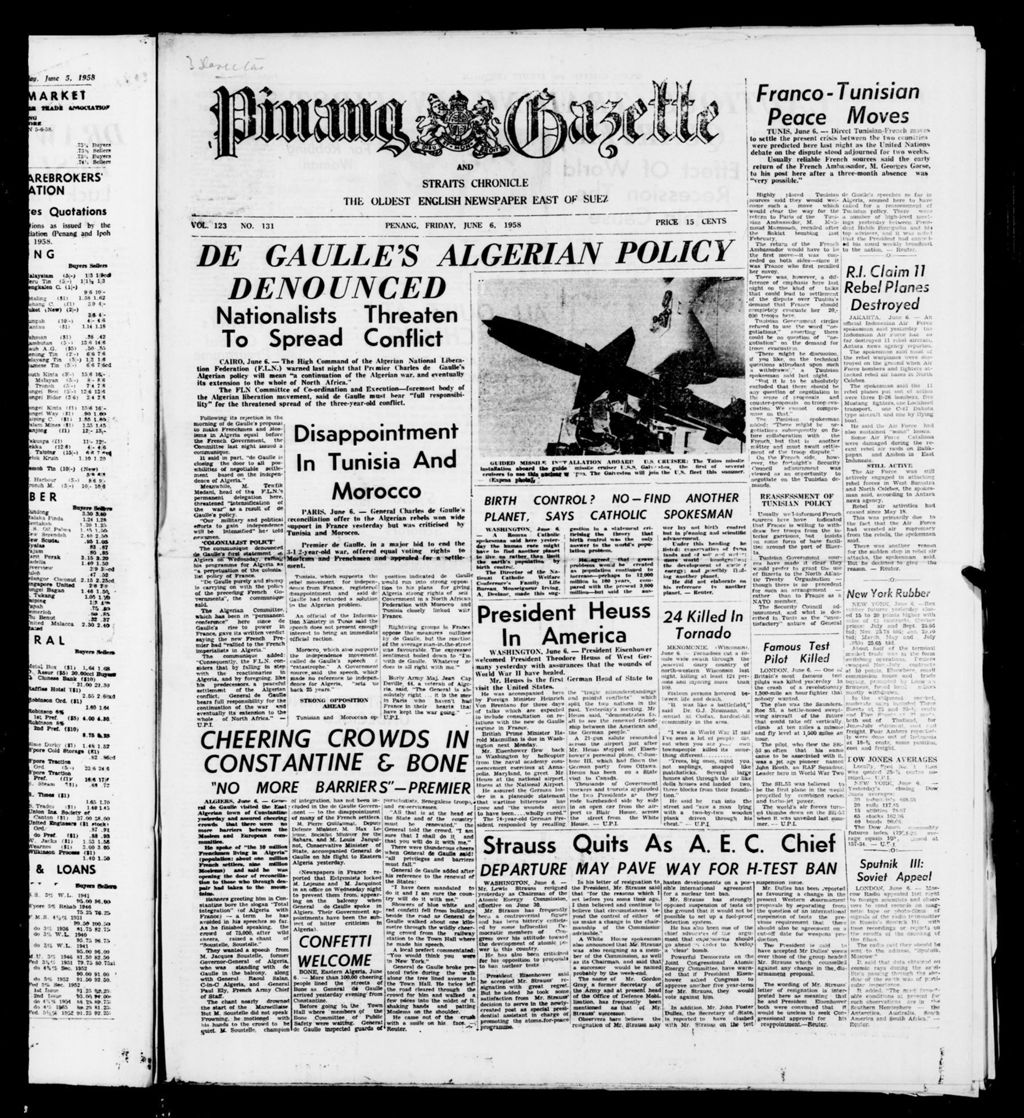 Miniature of Pinang Gazette and Straits Chronicle 06 June 1958