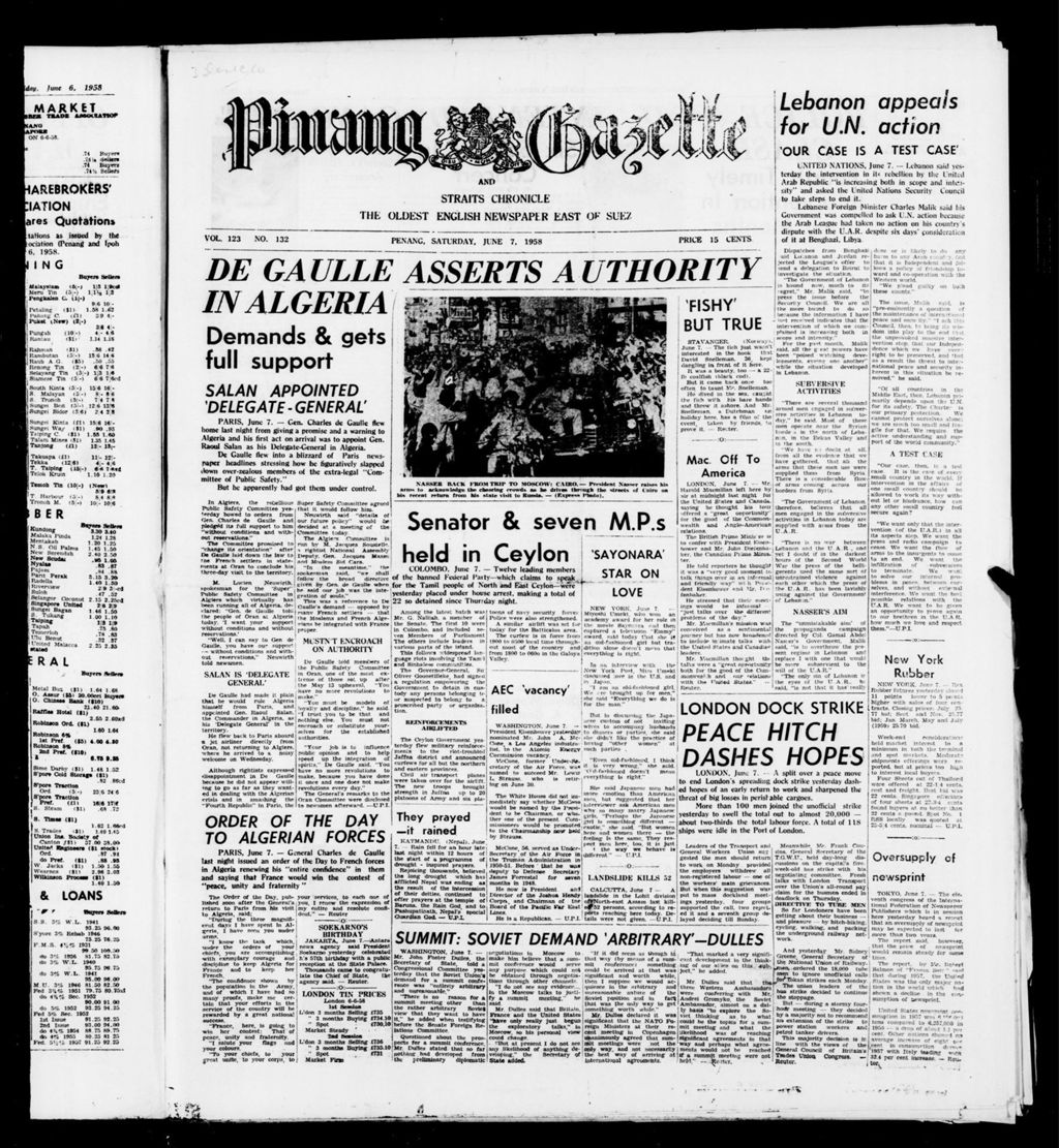 Miniature of Pinang Gazette and Straits Chronicle 07 June 1958