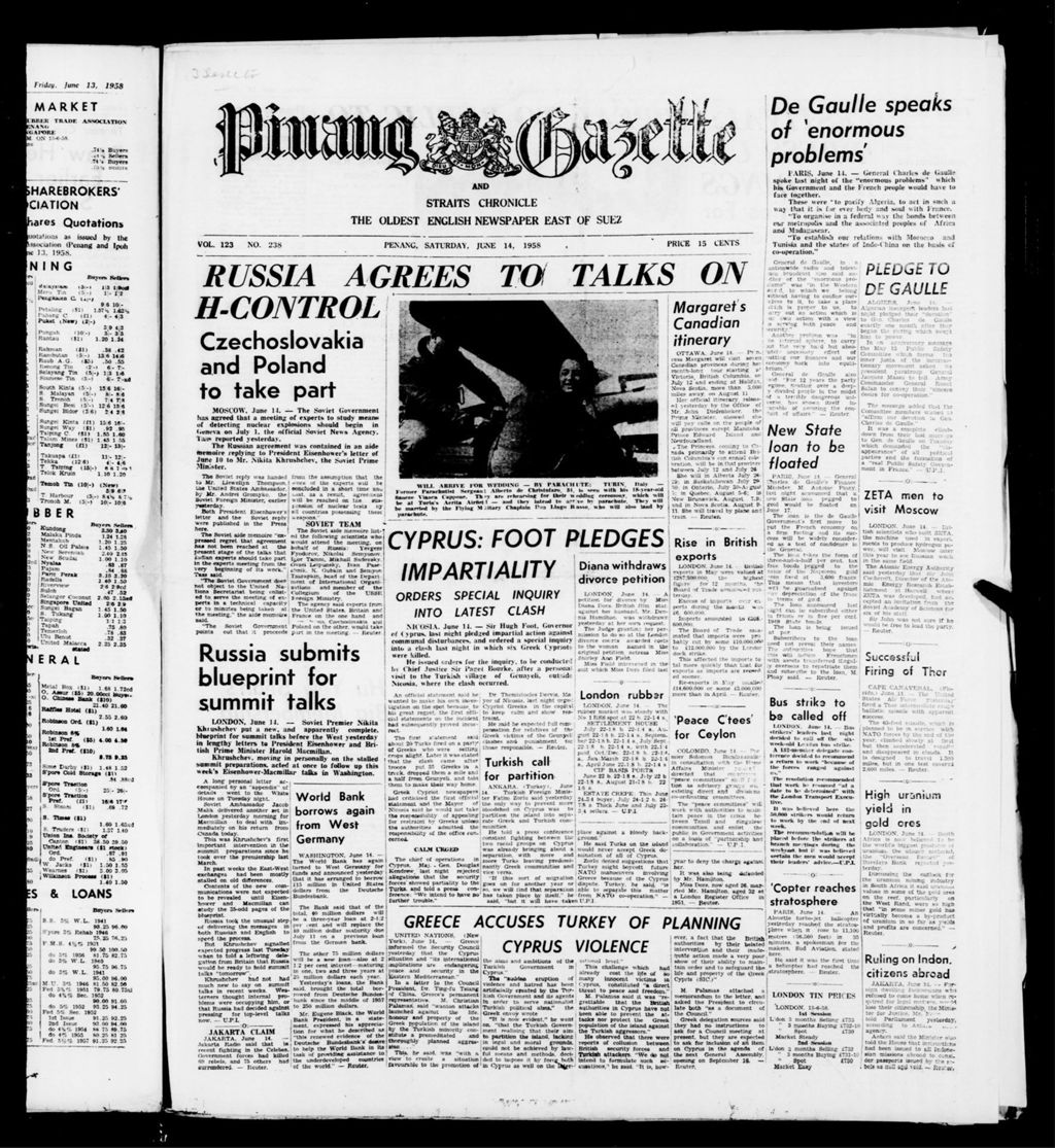 Miniature of Pinang Gazette and Straits Chronicle 14 June 1958