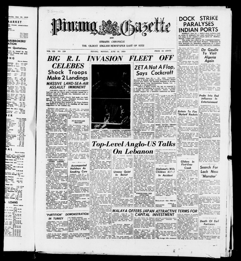 Miniature of Pinang Gazette and Straits Chronicle 16 June 1958