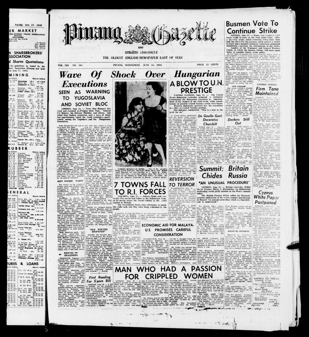 Miniature of Pinang Gazette and Straits Chronicle 18 June 1958