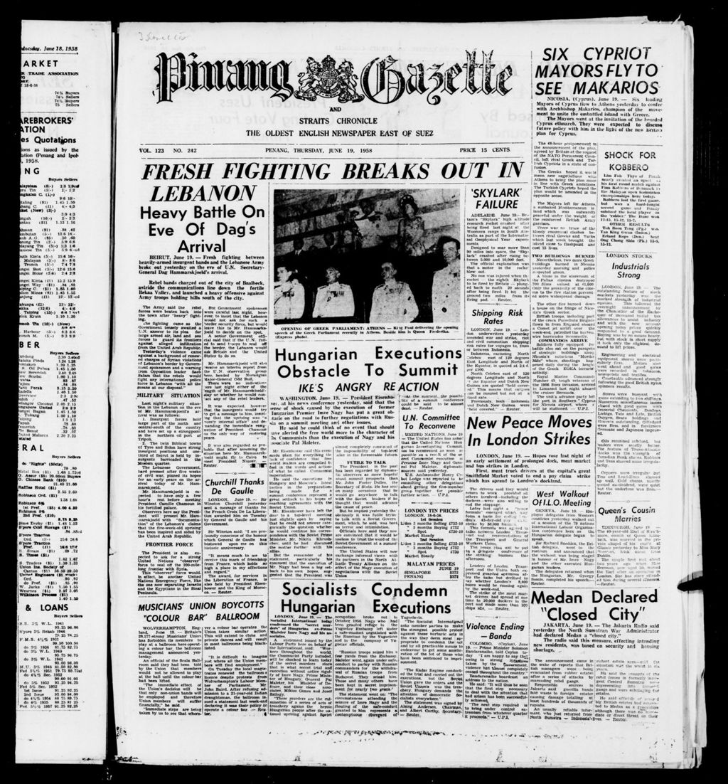 Miniature of Pinang Gazette and Straits Chronicle 19 June 1958