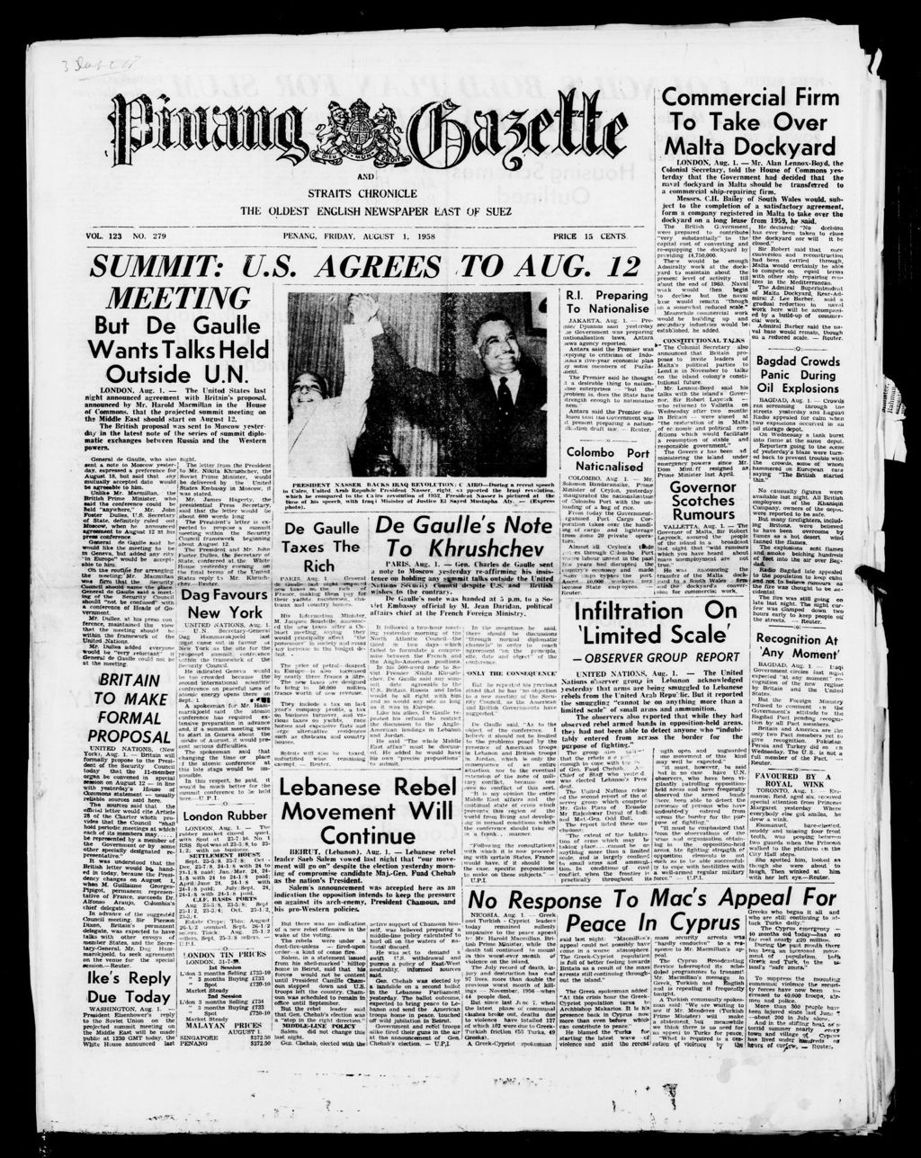 Miniature of Pinang Gazette and Straits Chronicle 01 August 1958