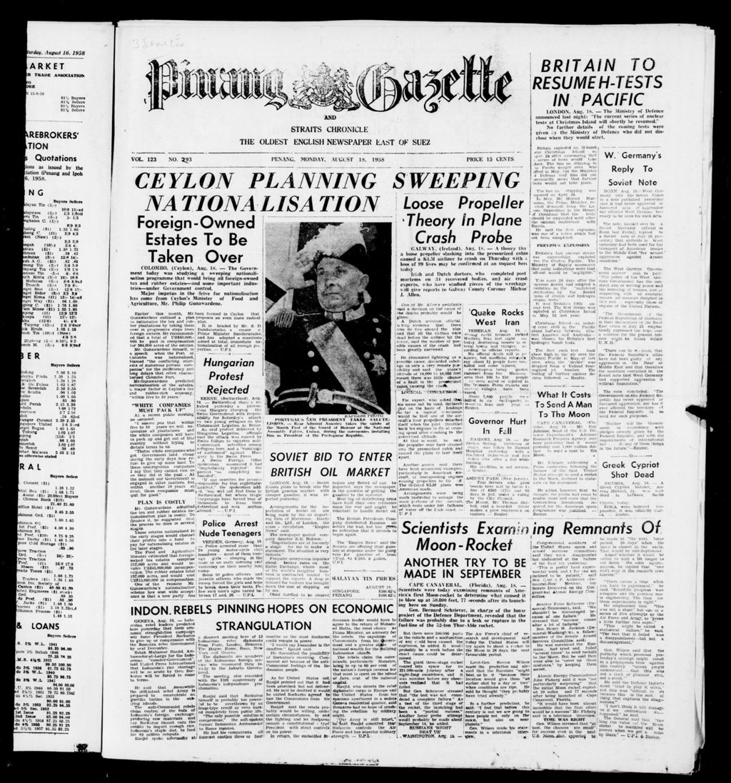 Miniature of Pinang Gazette and Straits Chronicle 18 August 1958