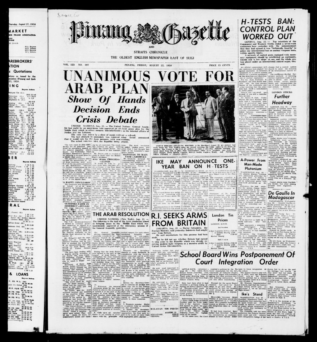 Miniature of Pinang Gazette and Straits Chronicle 22 August 1958