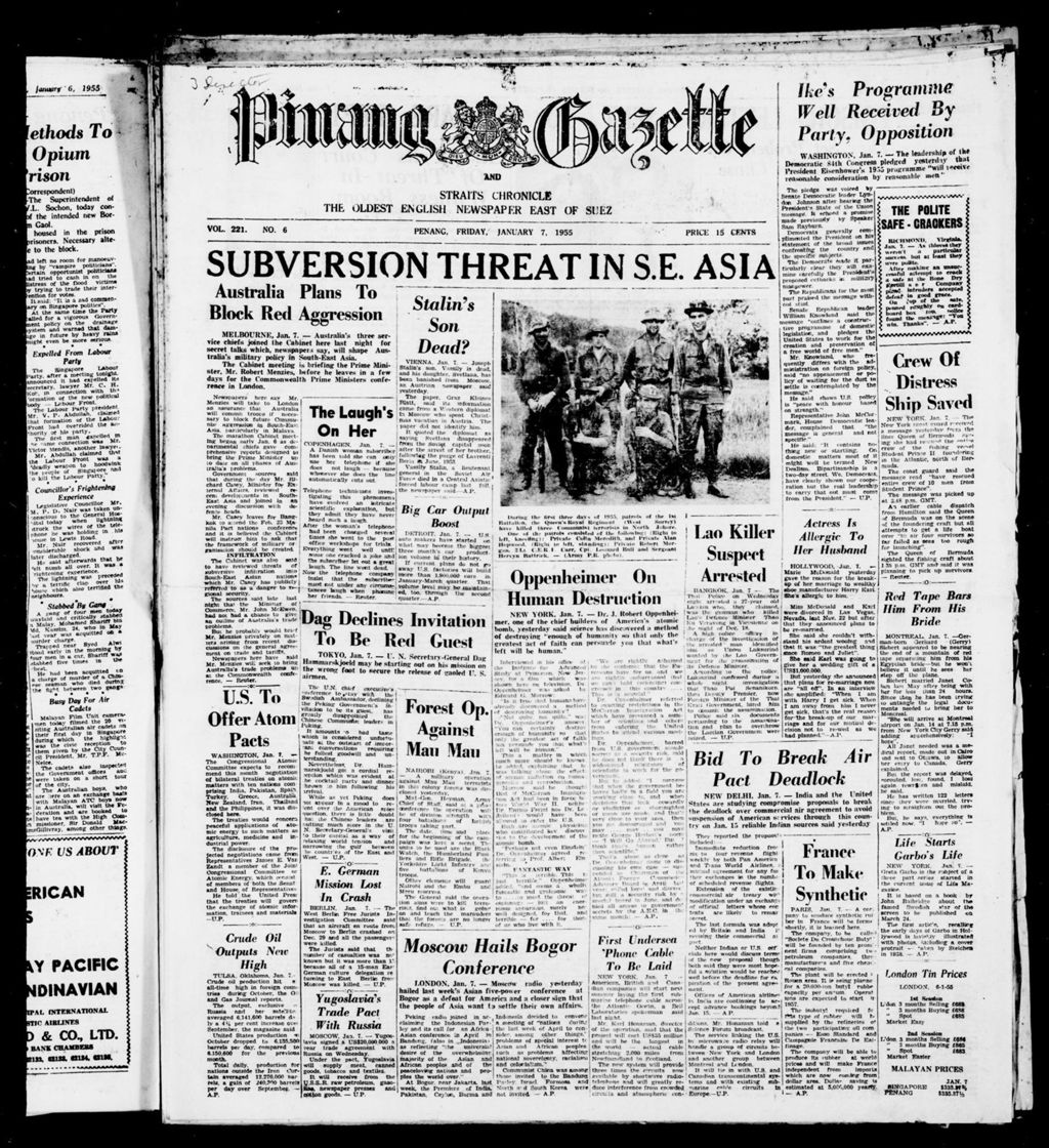 Miniature of Pinang Gazette and Straits Chronicle 07 January 1955