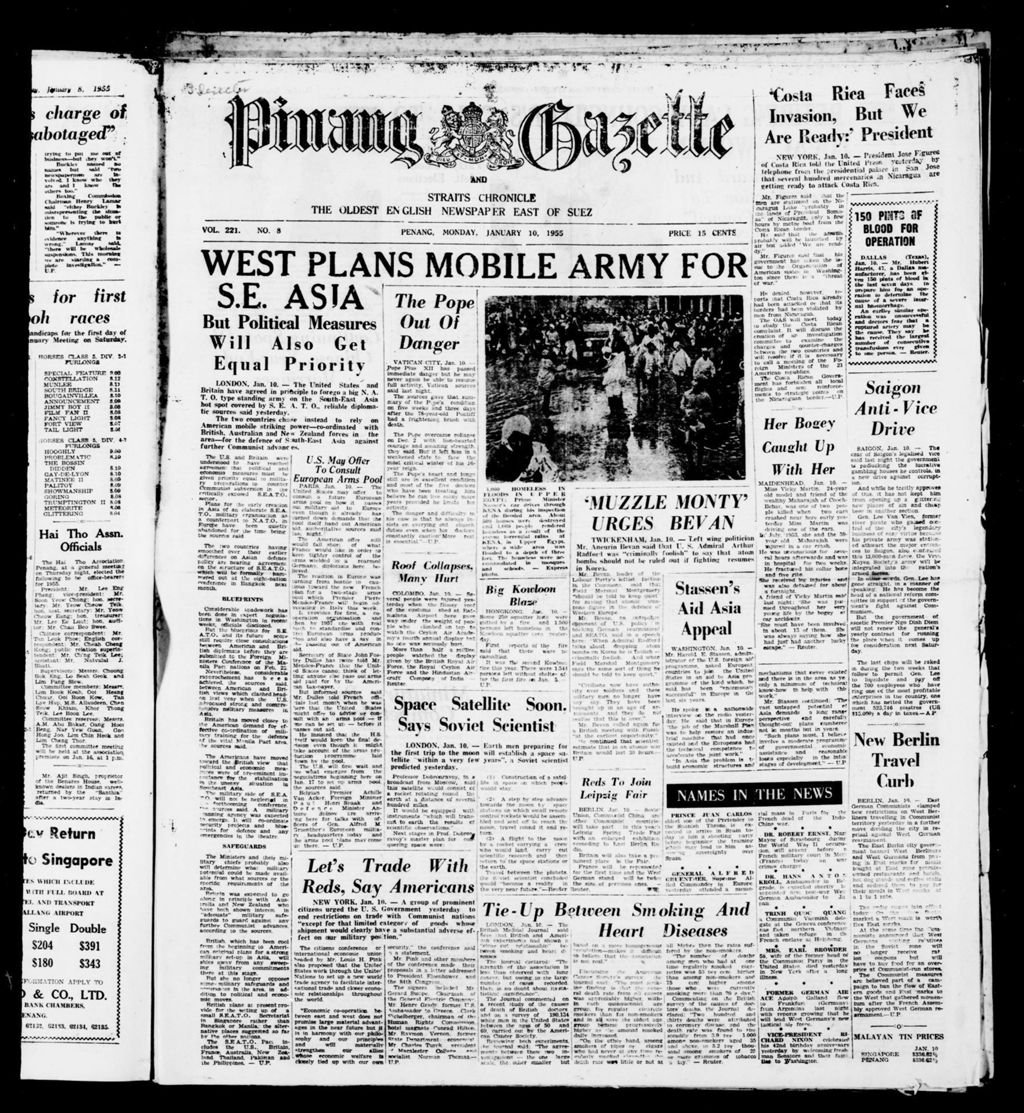 Miniature of Pinang Gazette and Straits Chronicle 10 January 1955