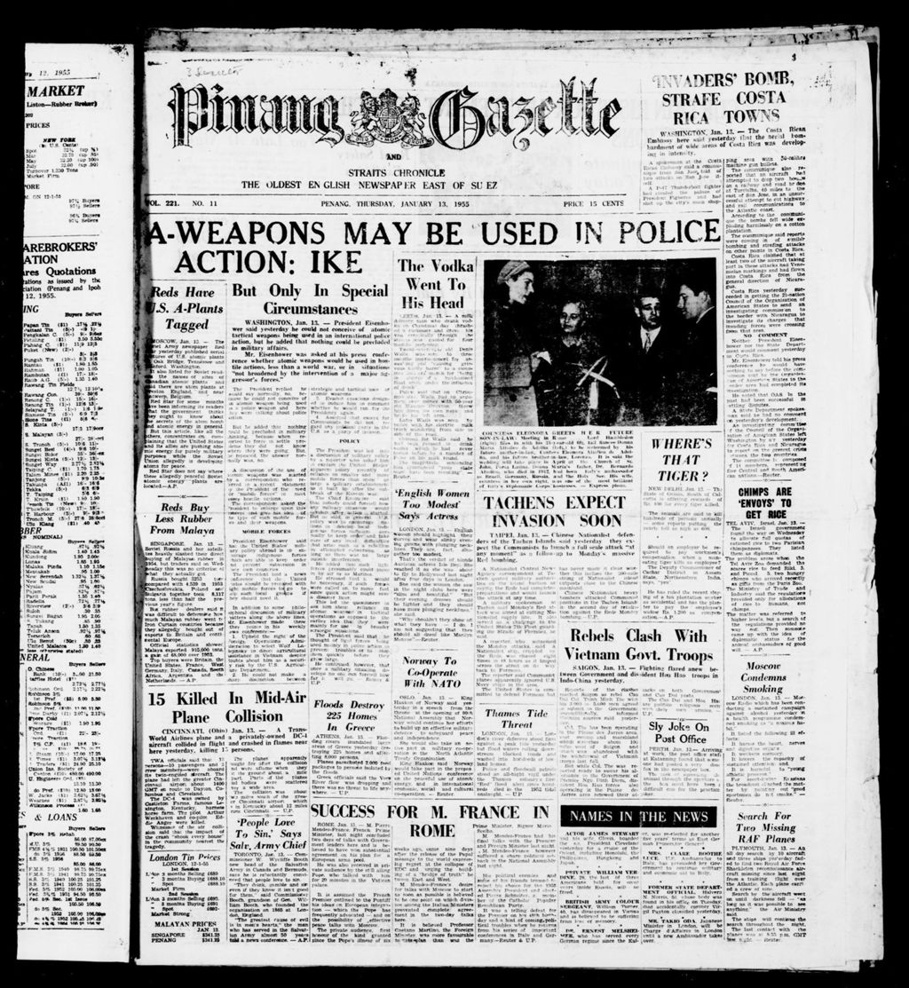 Miniature of Pinang Gazette and Straits Chronicle 13 January 1955