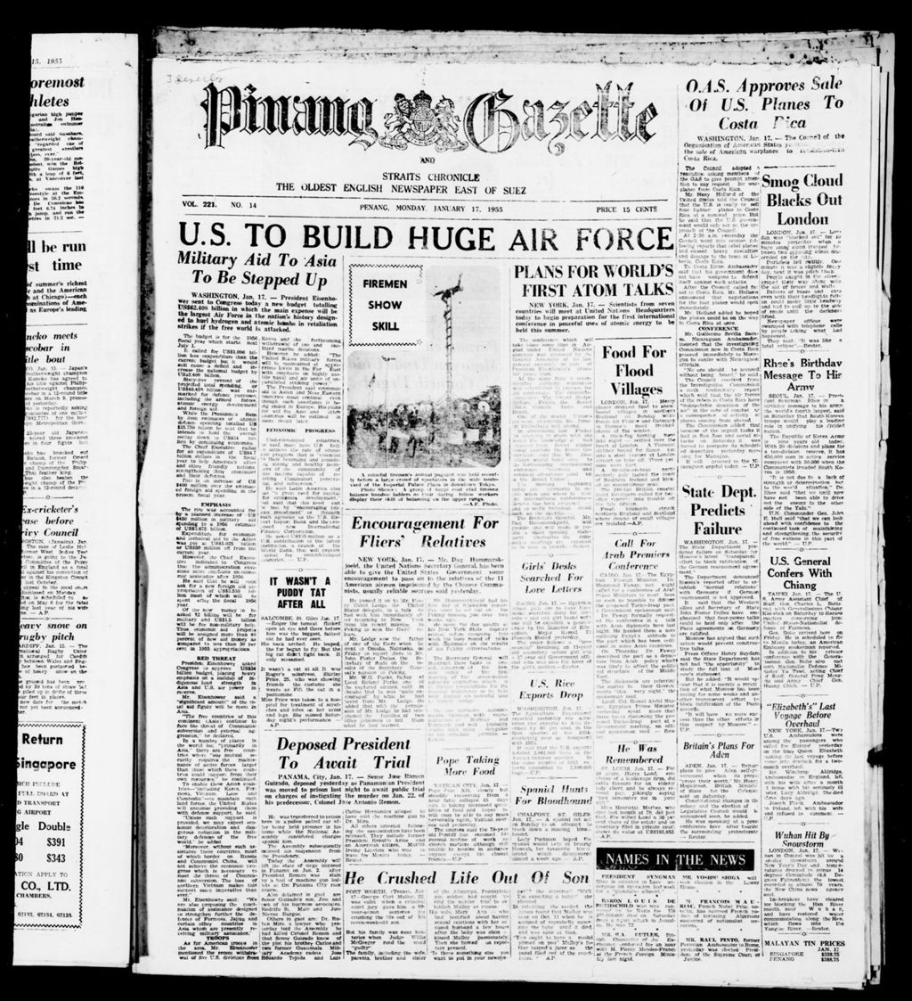 Miniature of Pinang Gazette and Straits Chronicle 17 January 1955