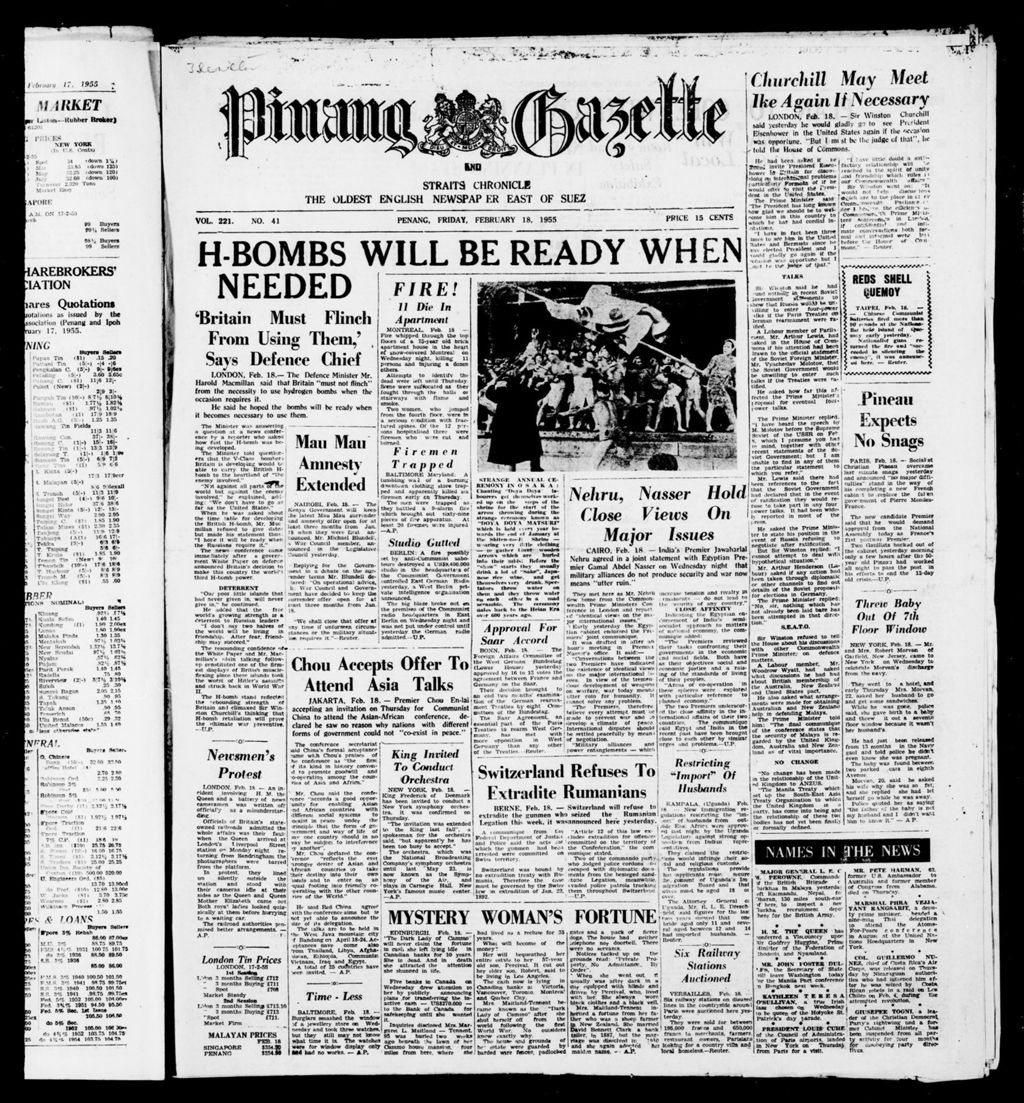 Miniature of Pinang Gazette and Straits Chronicle 18 February 1955