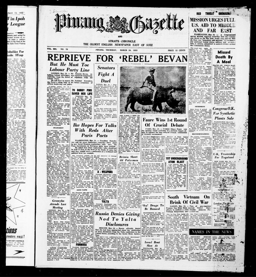 Miniature of Pinang Gazette and Straits Chronicle 24 March 1955