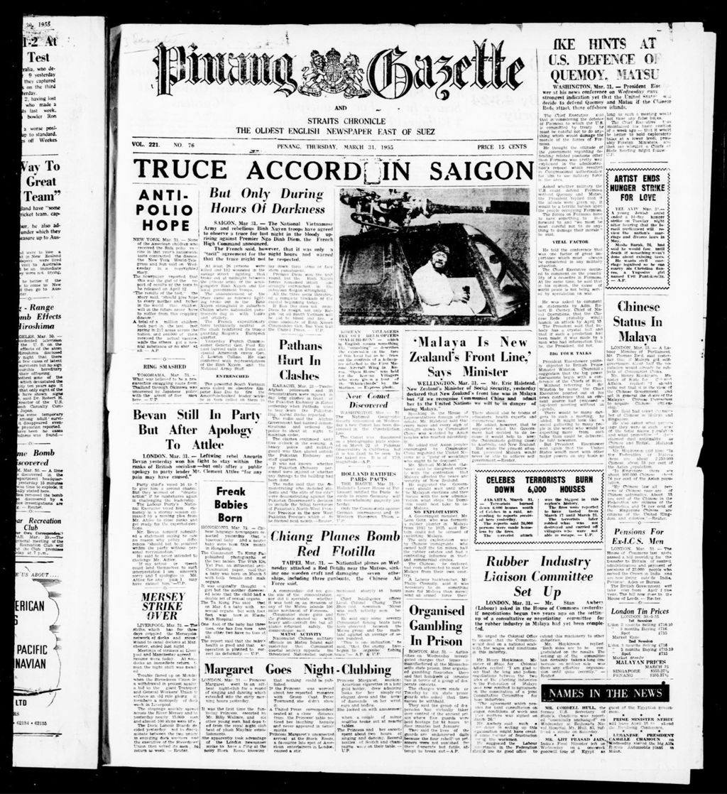 Miniature of Pinang Gazette and Straits Chronicle 31 March 1955