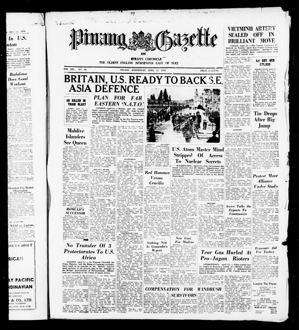 Miniature of Pinang Gazette and Straits Chronicle 14 April 1954