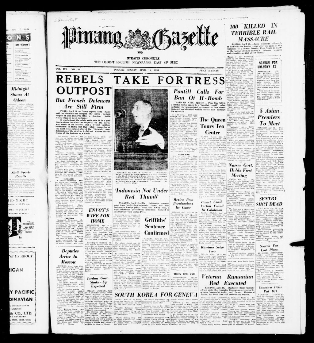 Miniature of Pinang Gazette and Straits Chronicle 19 April 1954