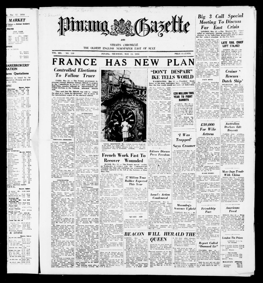 Miniature of Pinang Gazette and Straits Chronicle 13 May 1954