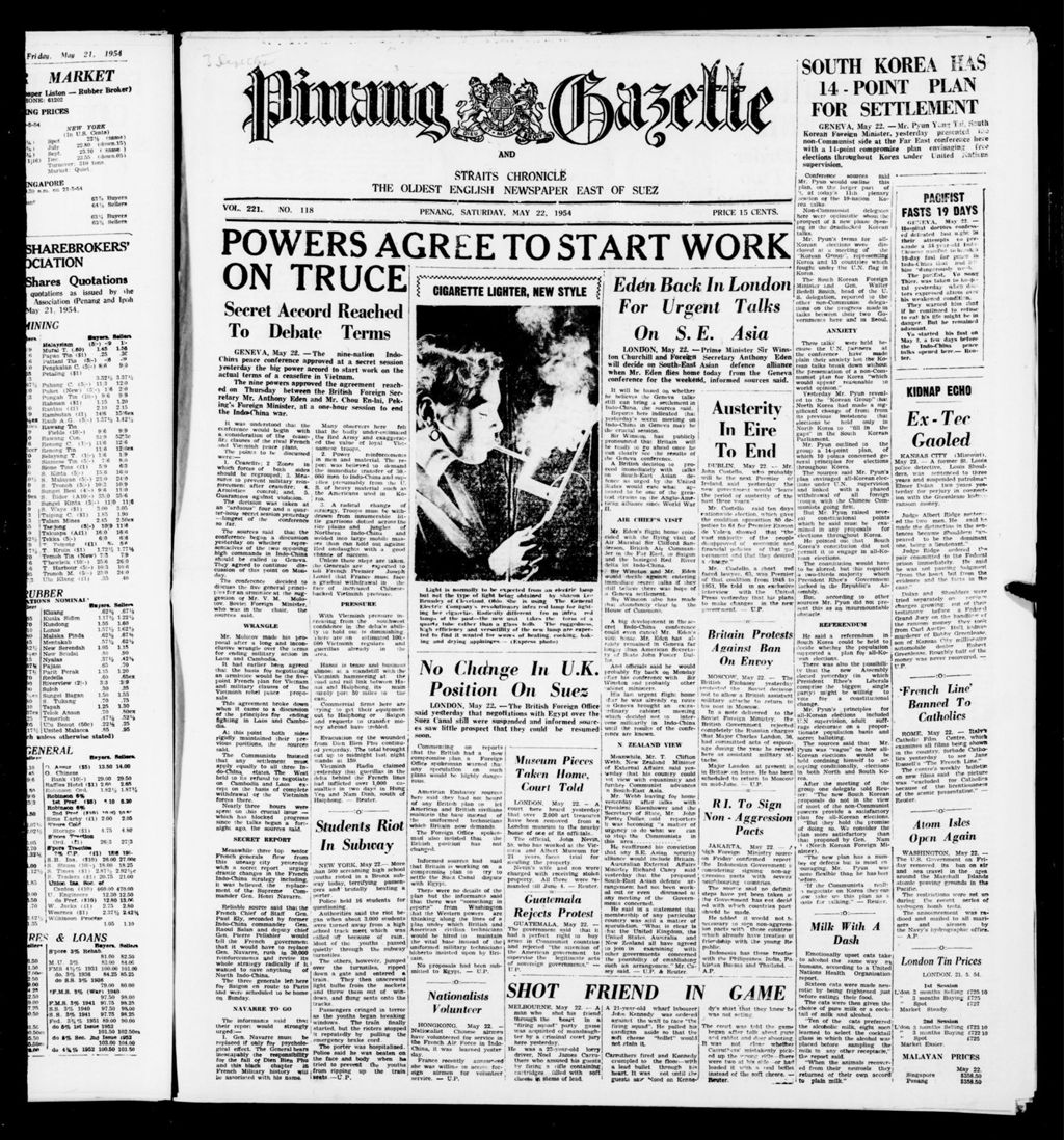 Miniature of Pinang Gazette and Straits Chronicle 22 May 1954