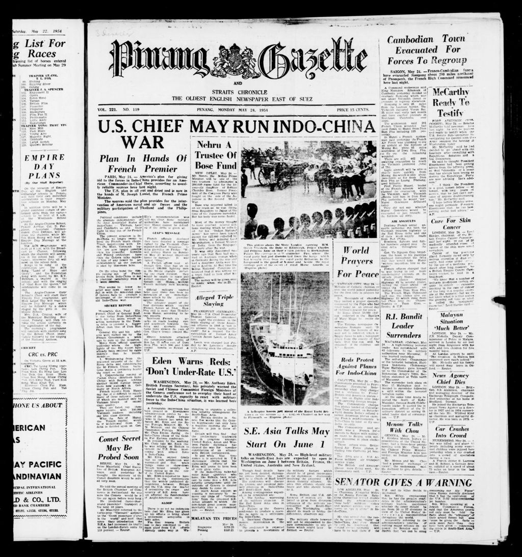 Miniature of Pinang Gazette and Straits Chronicle 24 May 1954