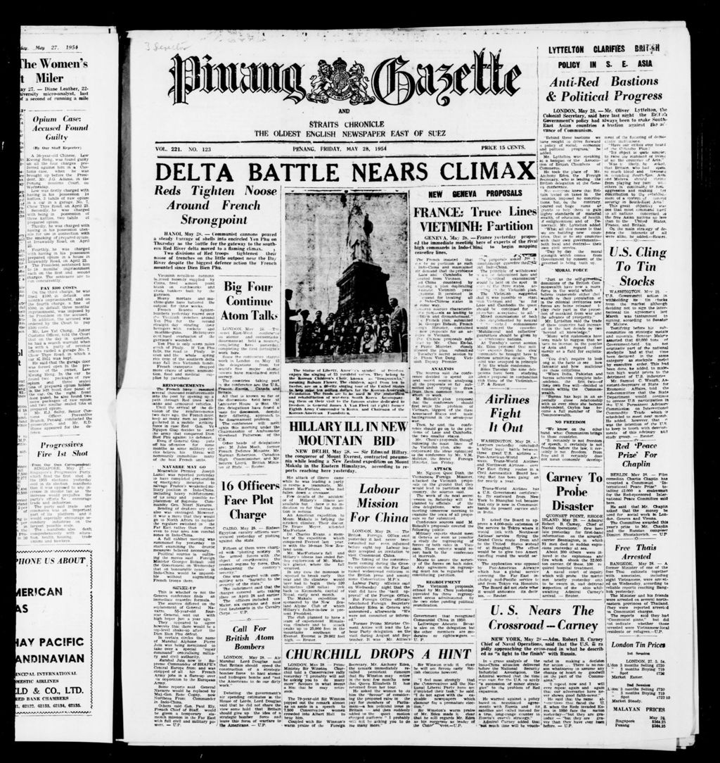 Miniature of Pinang Gazette and Straits Chronicle 28 May 1954