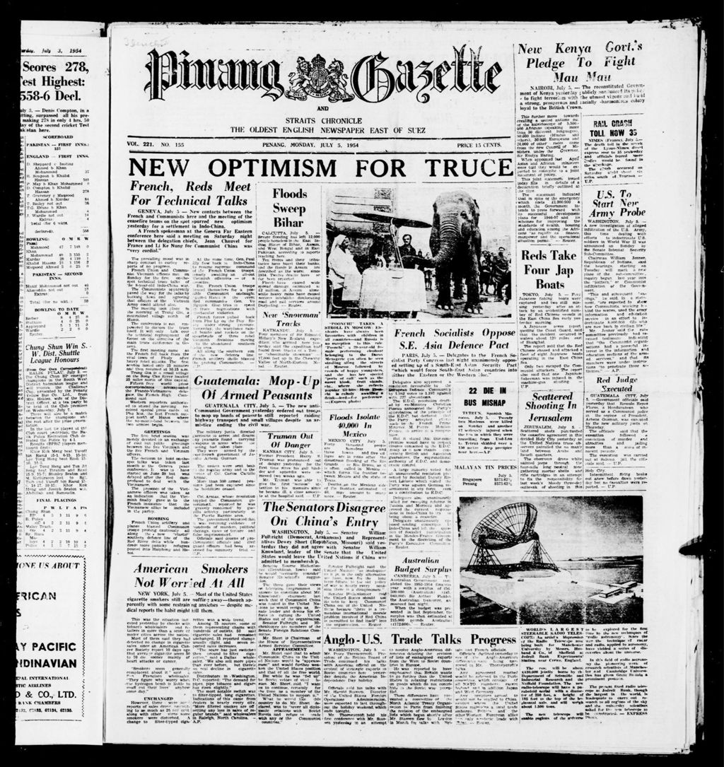 Miniature of Pinang Gazette and Straits Chronicle 05 July 1954