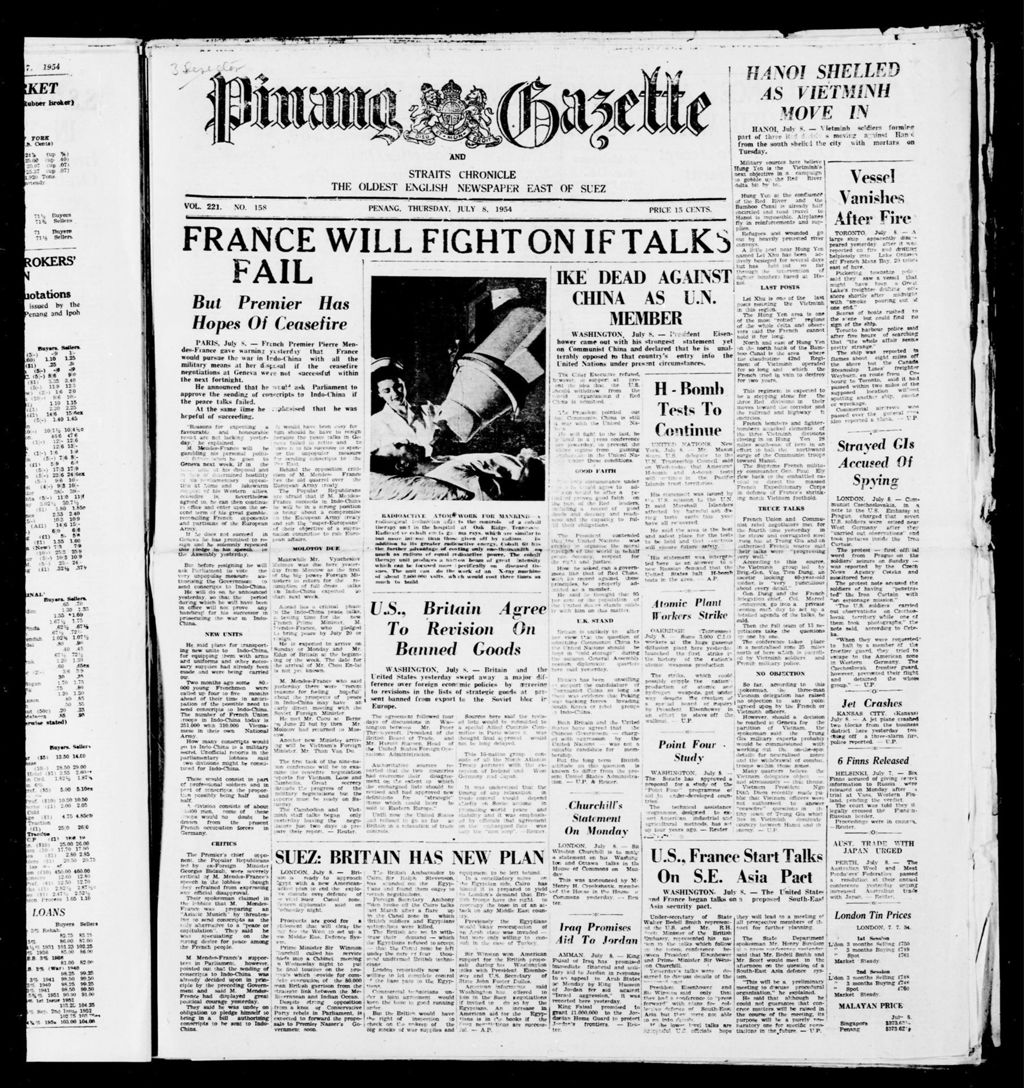 Miniature of Pinang Gazette and Straits Chronicle 08 July 1954