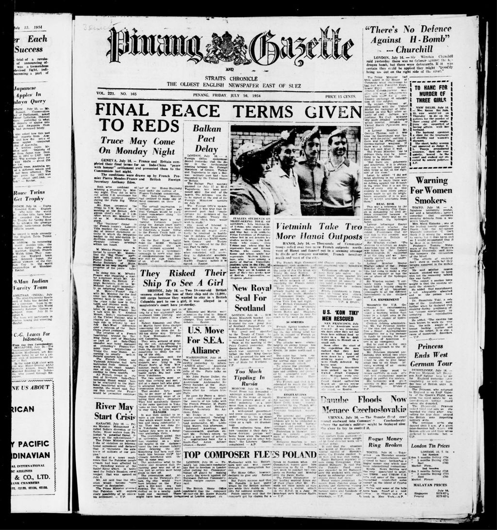 Miniature of Pinang Gazette and Straits Chronicle 16 July 1954