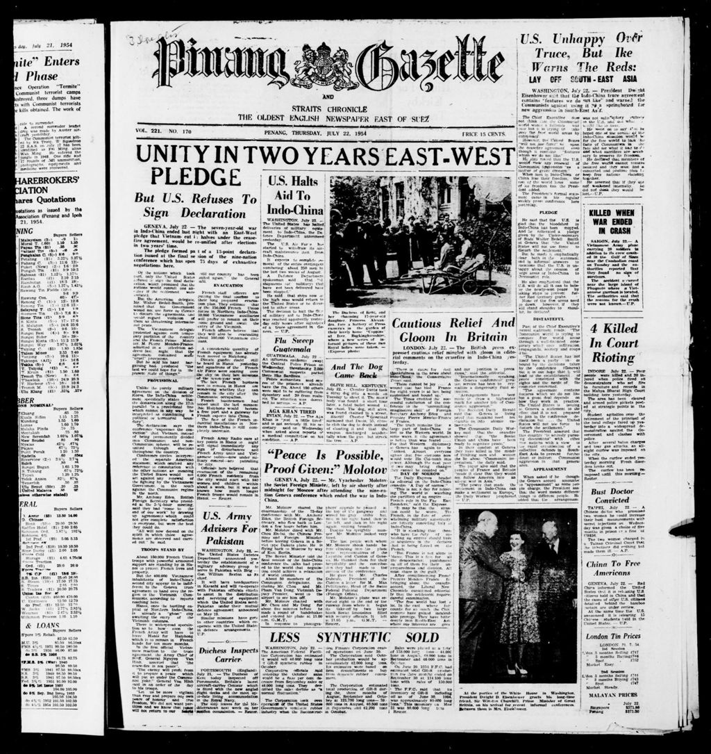 Miniature of Pinang Gazette and Straits Chronicle 22 July 1954