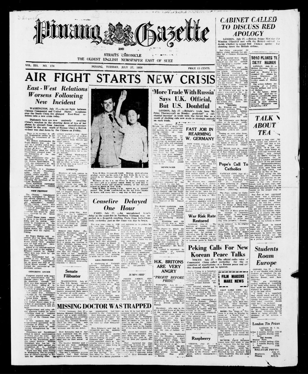 Miniature of Pinang Gazette and Straits Chronicle 27 July 1954