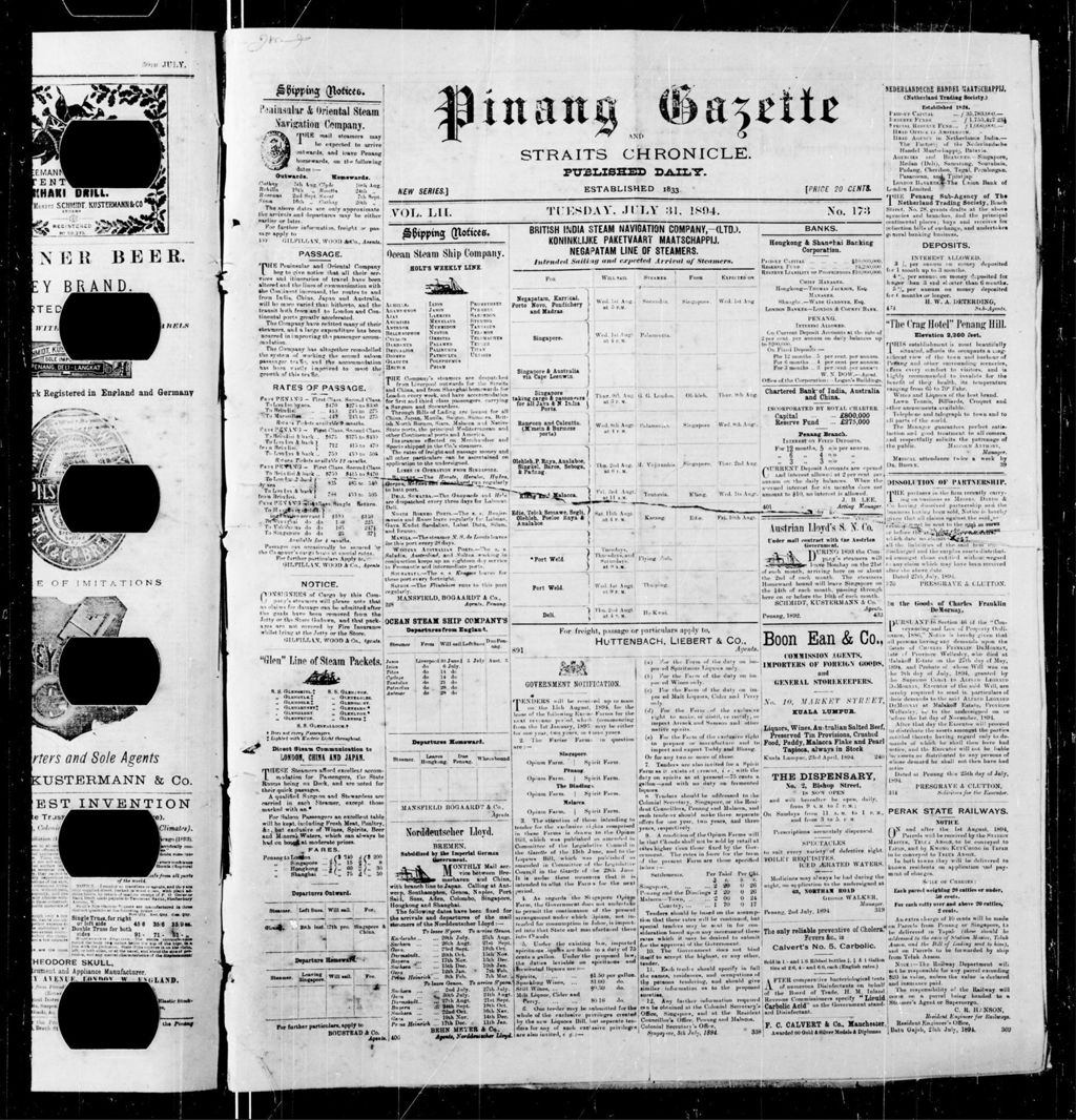 Miniature of Pinang Gazette and Straits Chronicle 31 July 1894