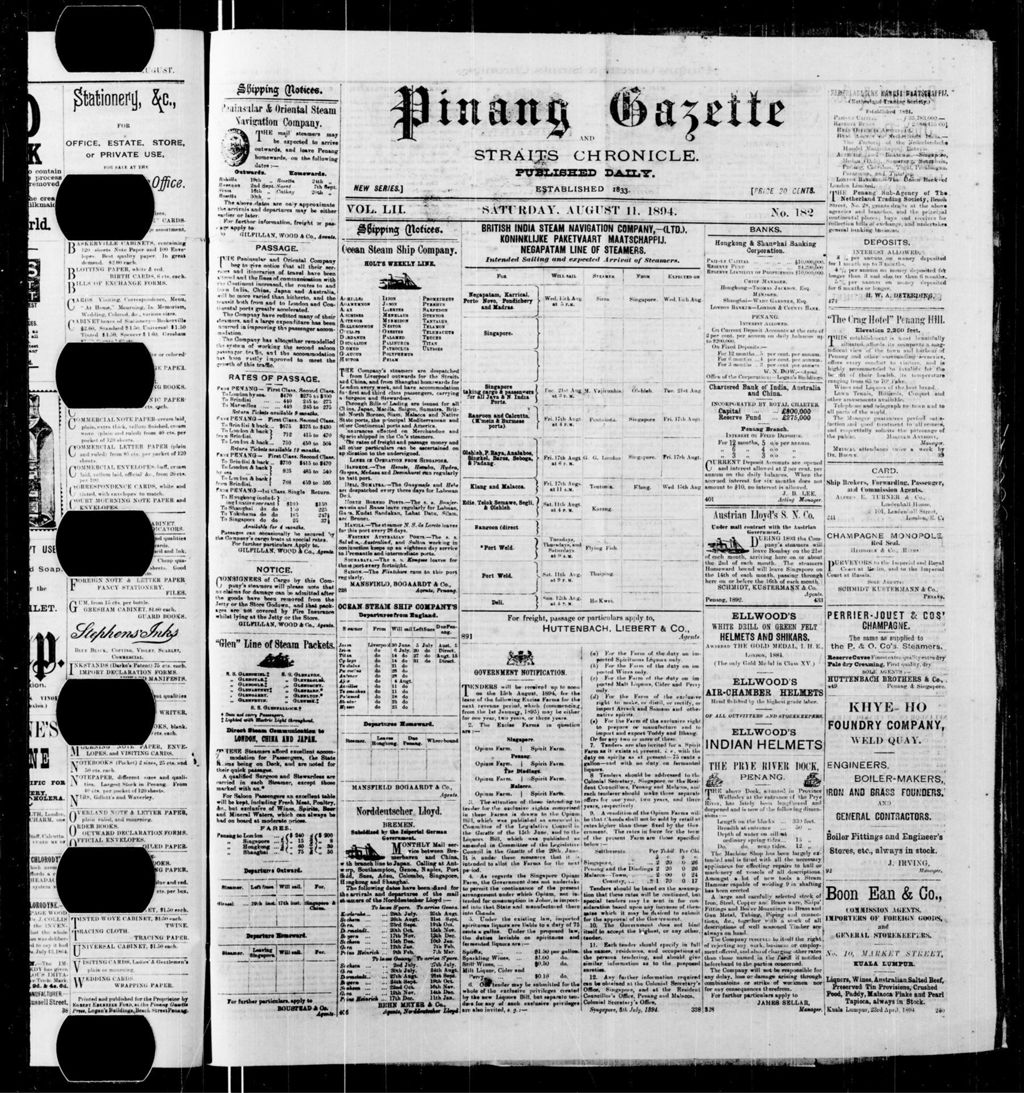 Miniature of Pinang Gazette and Straits Chronicle 11 August 1894