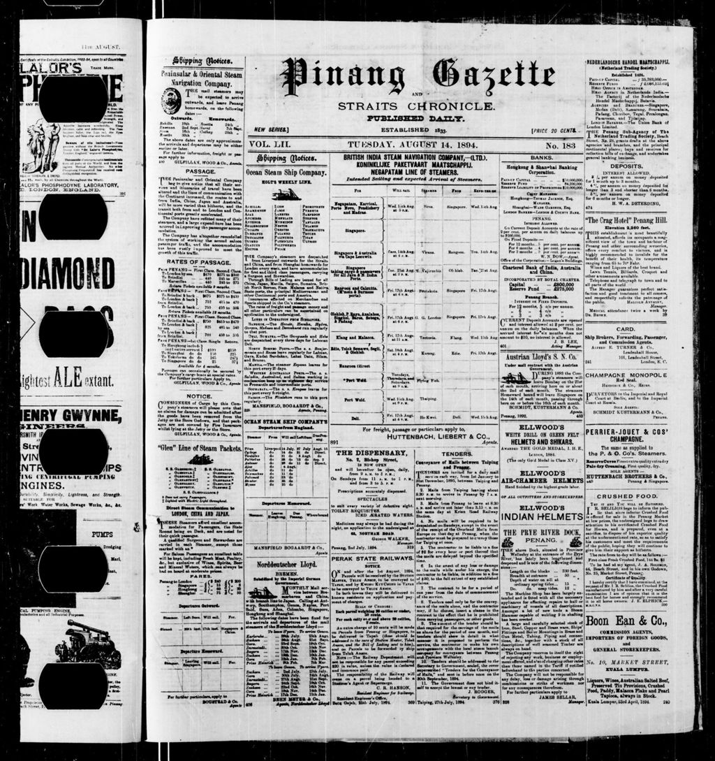 Miniature of Pinang Gazette and Straits Chronicle 14 August 1894