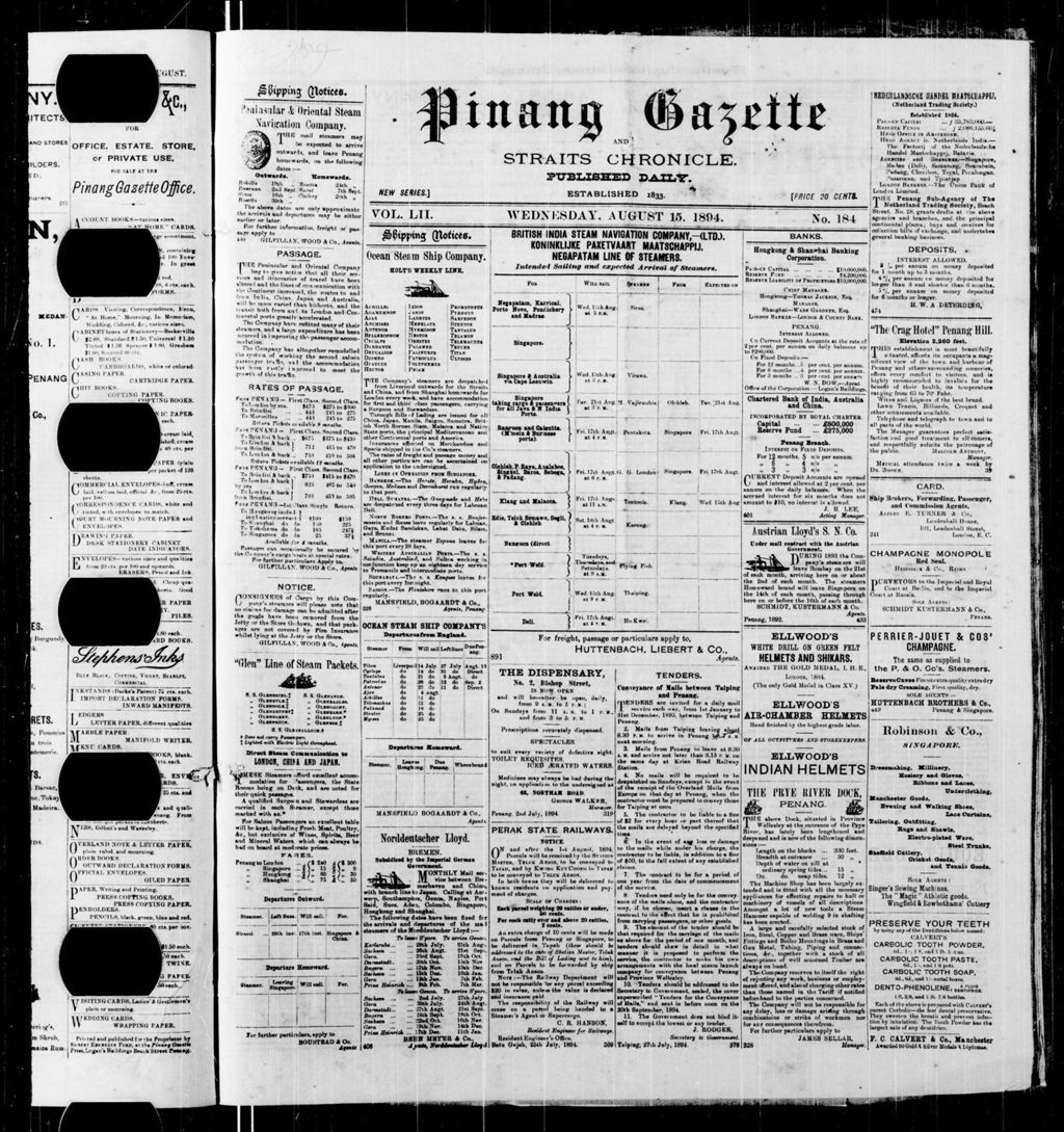 Miniature of Pinang Gazette and Straits Chronicle 15 August 1894