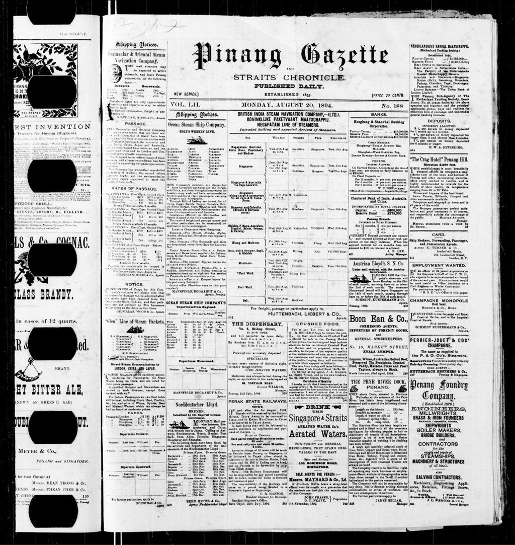 Miniature of Pinang Gazette and Straits Chronicle 20 August 1894