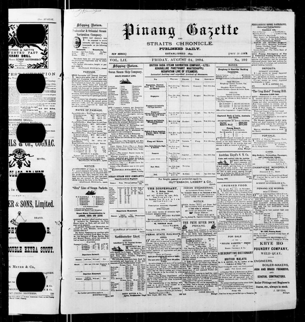 Miniature of Pinang Gazette and Straits Chronicle 24 August 1894